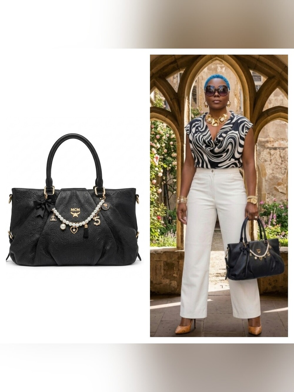 MCM Black Leather Handbag with Gold Accents